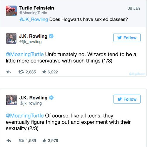 A collage of tweets from J.K. Rowlings twitter.