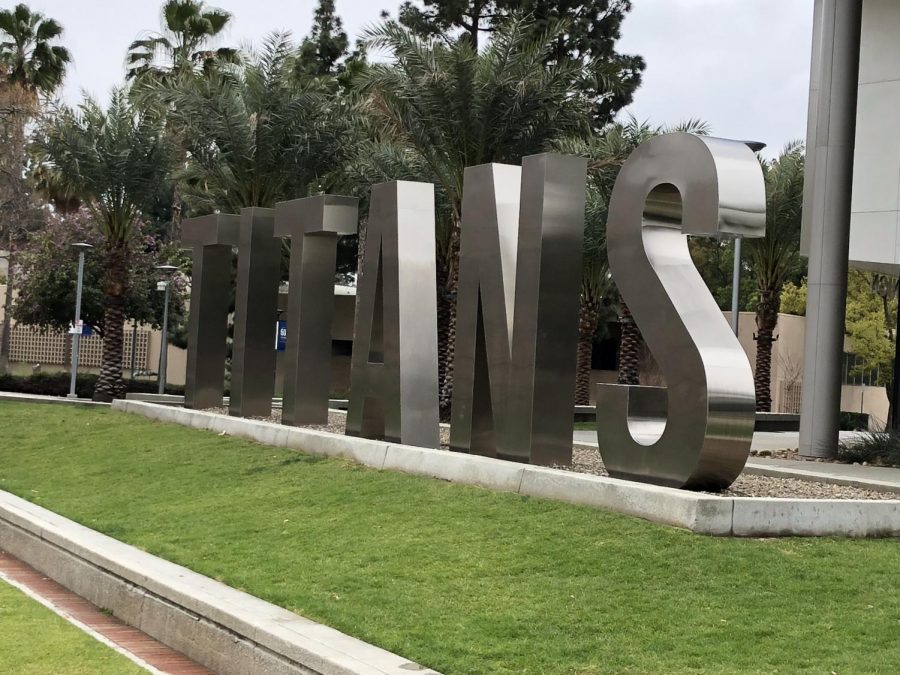 California State University Fullerton Titans monument. 