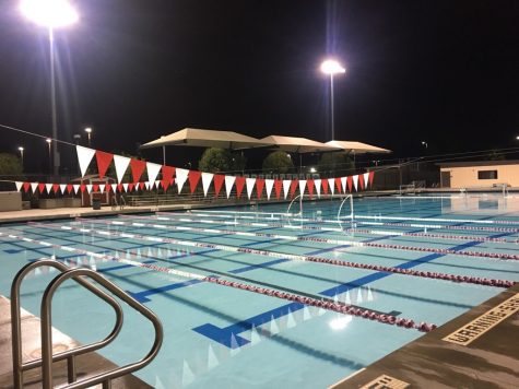 The Segerstrom High School pool deck after evening swim practice on Tuesday, November 26.
