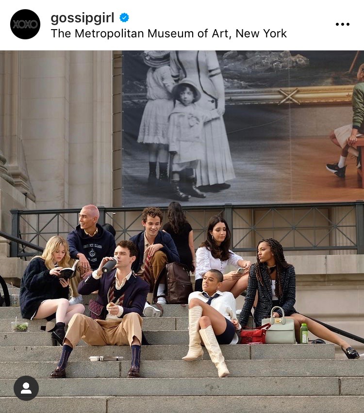 The cast of the Gossip Girl Reboot films on the steps of The Metropolitan Museum of Art in New York. 