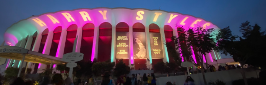 The Forum is decorated for the Harry Styles concert.