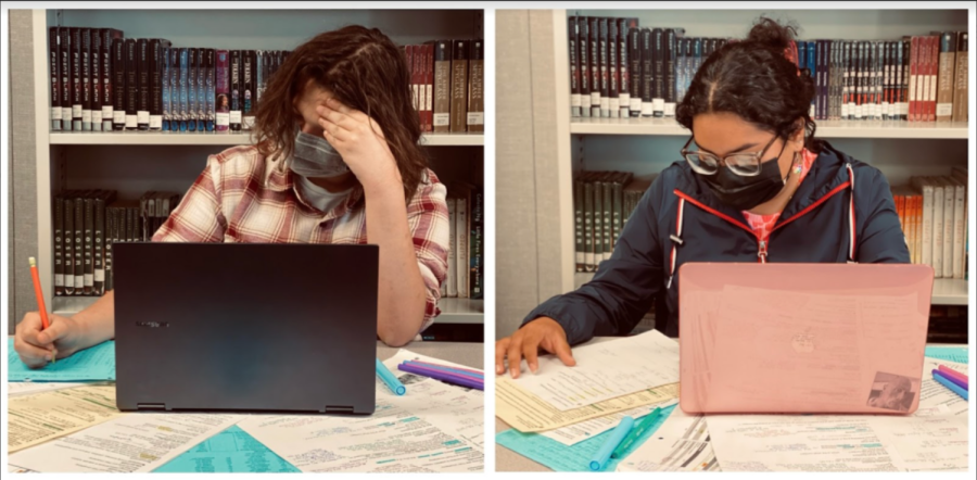 Junior+Andoe+Glaser+and+senior+Maria+Algeria%2C+both+of+Hispanic+descent%2C+are+overwhelmed+with+the+heavy+work+load+they+have+to+get+done+as+the+end+of+the+second+semester+approaches.+Hispanic+students+face+challenges+if+they+experience+depression+or+anxiety.