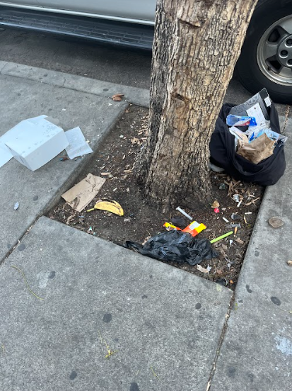 The streets of Santa Ana are littered with debris due to the lack of trash cans.