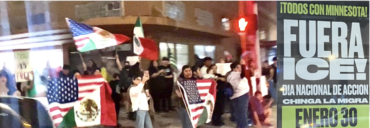 A large group of protesters is attending an anti-Immigration Customs Enforcement protest on a corner of Fourth Street, holding flags that are half-US and half- Mexico, in support of the Minnesotans who have faced the brunt of the fight.