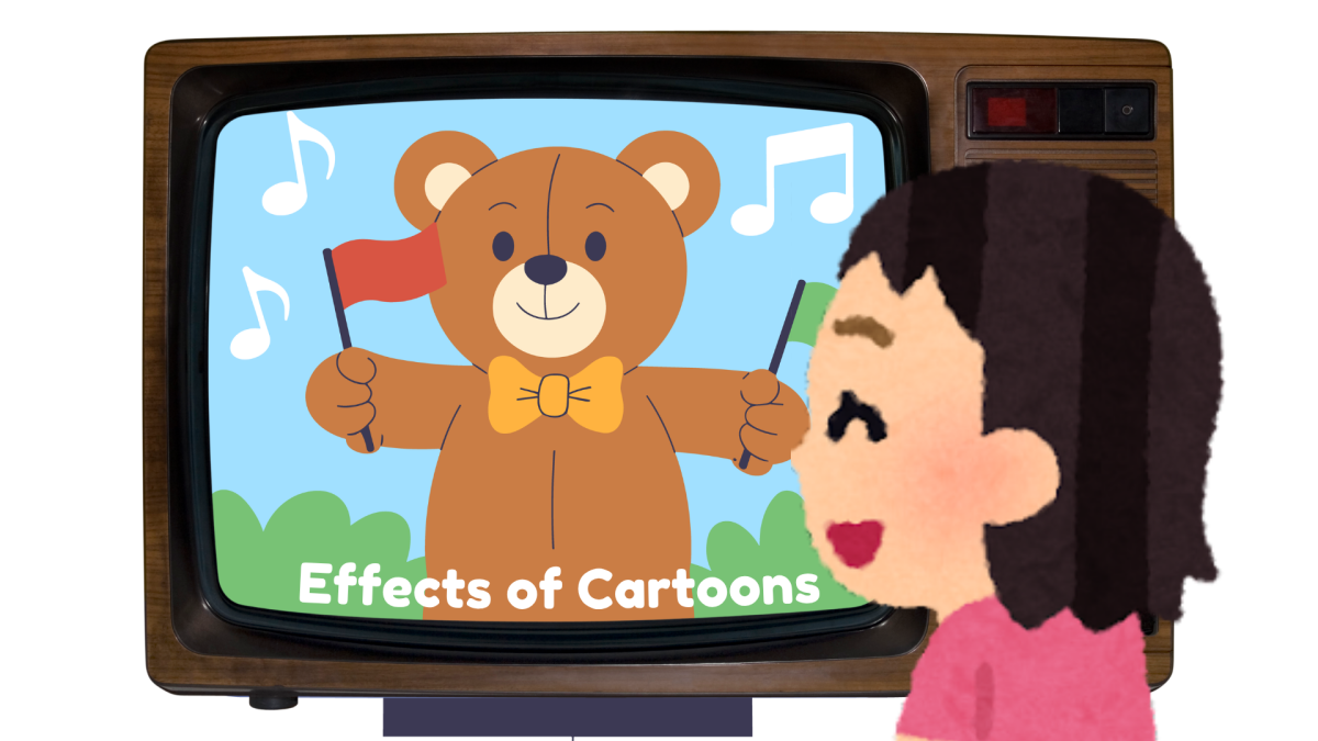 The image shows a girl happily watching the cartoons on the TV screen. This shows how characters and cartoons can easily entertain and attract children.