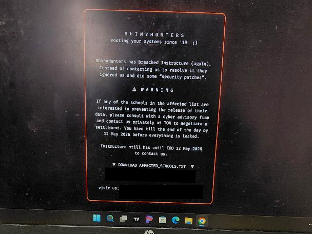 Students using Canvas on May 7th were redirected to a ransom note (with a link that has been censored)